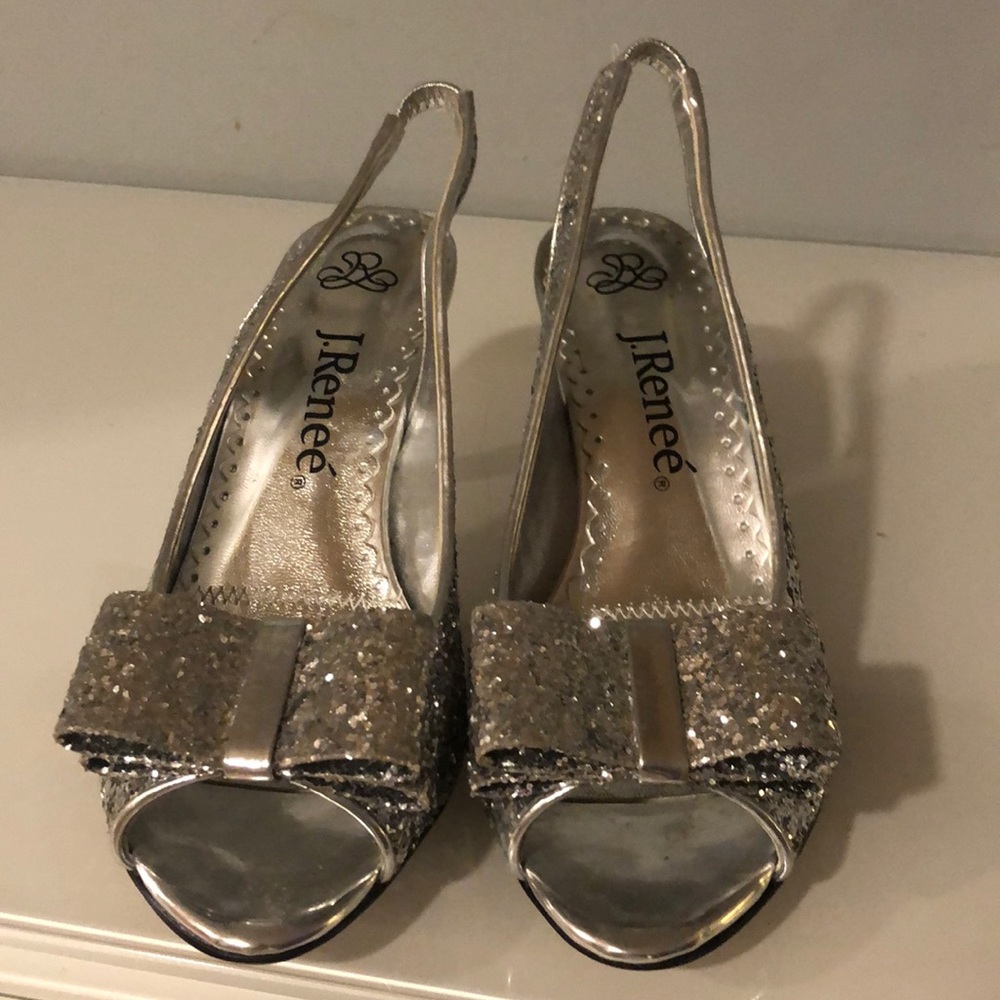 Silver Bow glitter kitten Heels J Renee